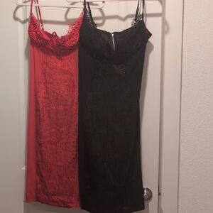 Sleek Black and Red Satin Slip Dresses with Lace